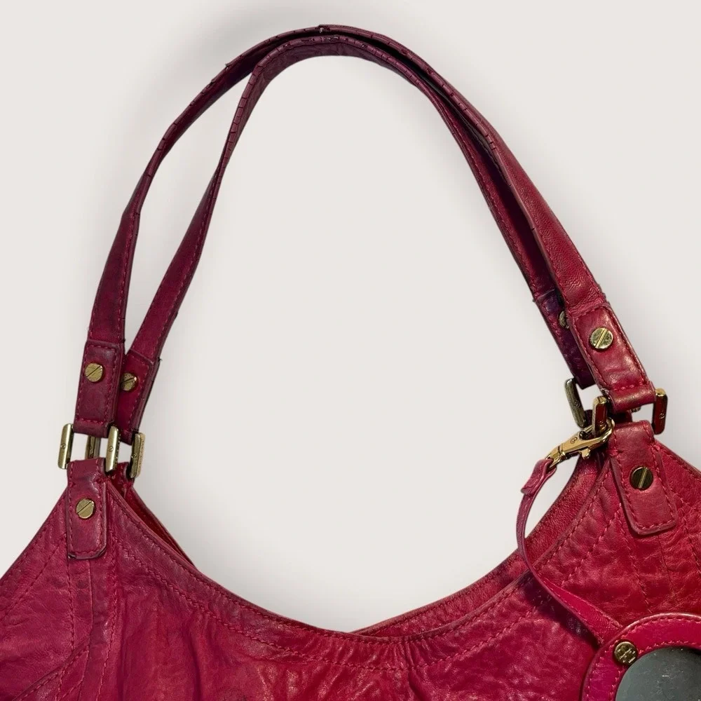 TORY BURCH Louisa Calfskin Leather Slouch Bag Pink Rose Red Merlot Large READ